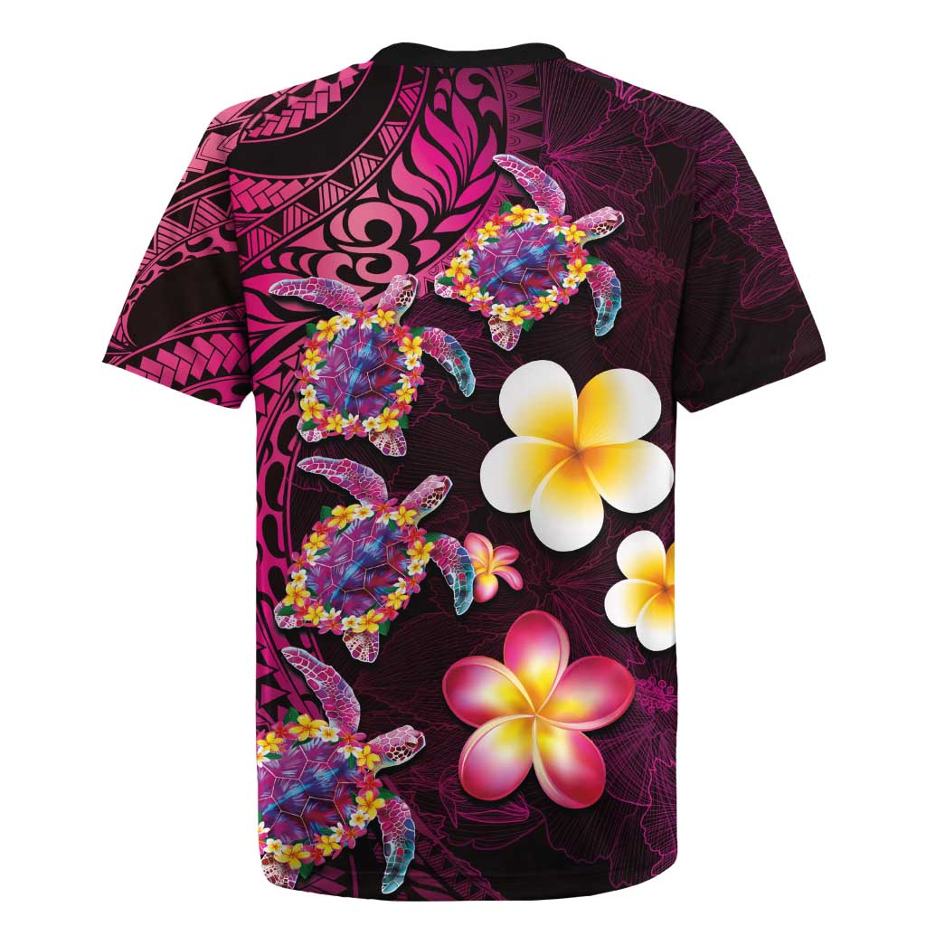 Hawaiian Turtles and Plumeria Rugby Jersey Polynesian Art Tribal Tattoo Cerise LT03 - Polynesian Pride