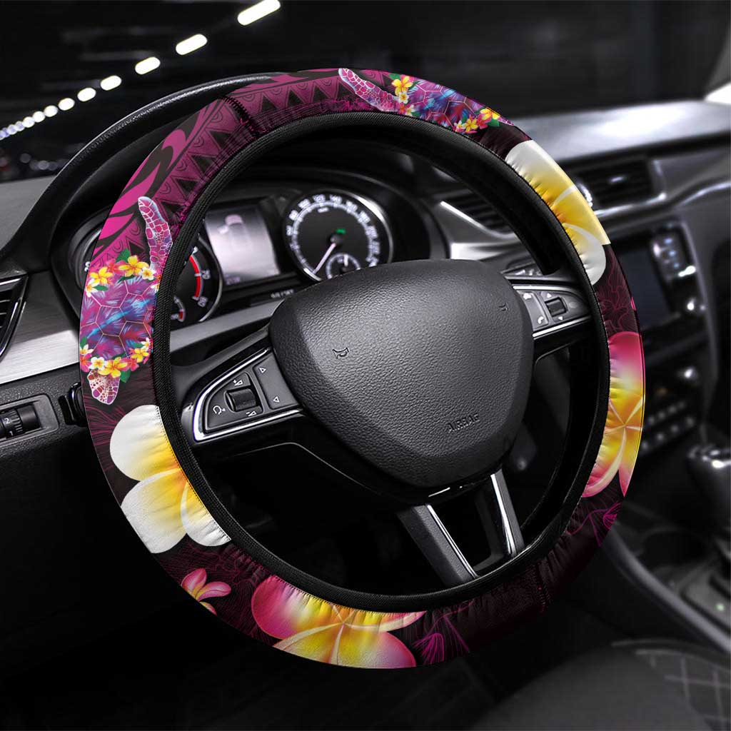 Hawaiian Turtles and Plumeria Steering Wheel Cover Polynesian Art Tribal Tattoo Cerise