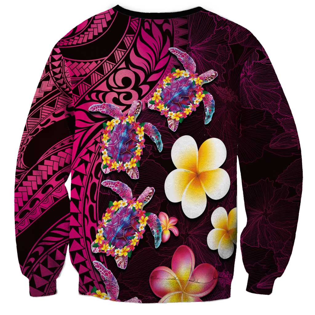 Hawaiian Turtles and Plumeria Sweatshirt Polynesian Art Tribal Tattoo Cerise LT03 - Polynesian Pride