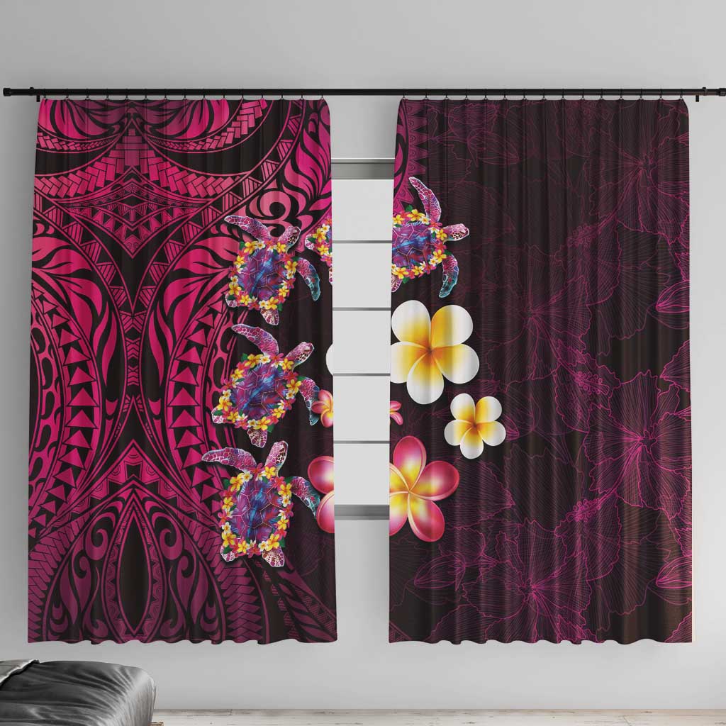 Hawaiian Turtles and Plumeria Window Curtain Polynesian Art Tribal Tattoo Cerise LT03 With Hooks Pink - Polynesian Pride