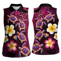 Hawaiian Turtles and Plumeria Women Sleeveless Polo Shirt Polynesian Art Tribal Tattoo Cerise