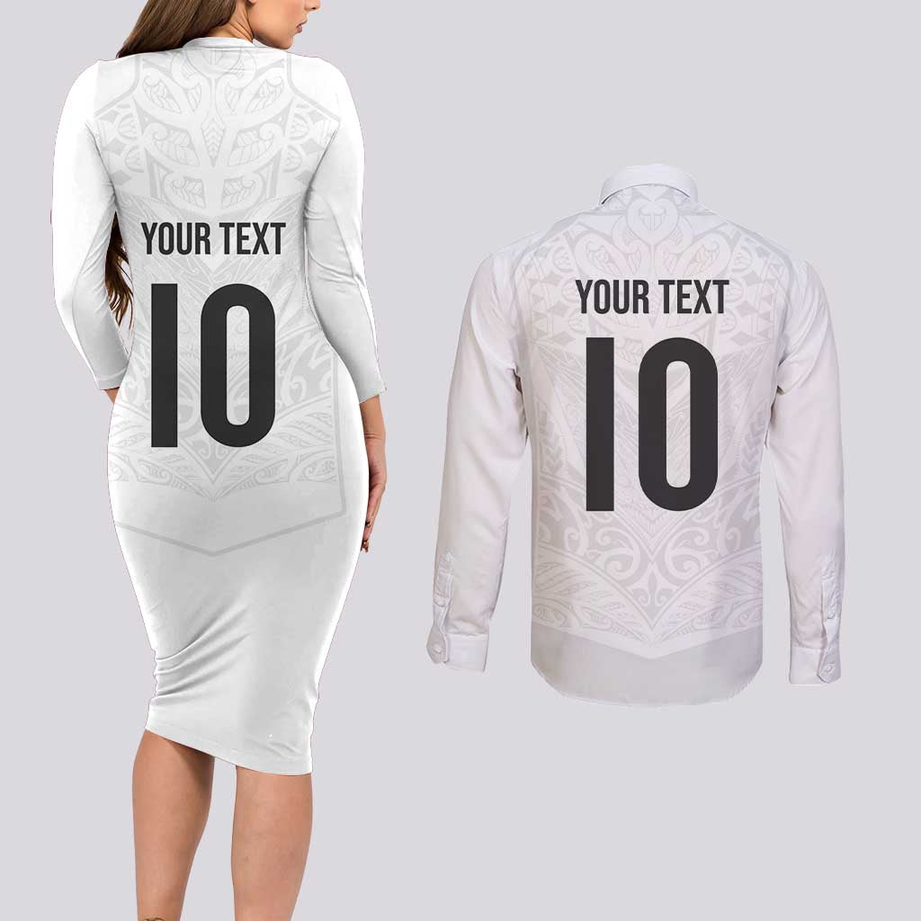 Custom New Zealand Football Couples Matching Long Sleeve Bodycon Dress and Long Sleeve Button Shirt The Whites-Sporty T90 Style - Polynesian Pride