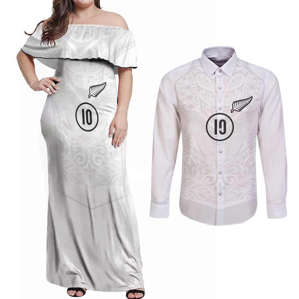 Custom New Zealand Football Couples Matching Off Shoulder Maxi Dress and Long Sleeve Button Shirt The Whites-Sporty T90 Style - Polynesian Pride