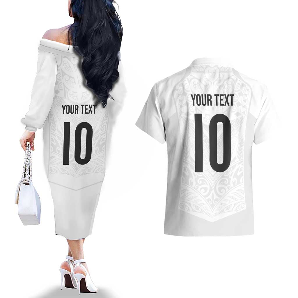 Custom New Zealand Football Couples Matching Off The Shoulder Long Sleeve Dress and Hawaiian Shirt The Whites-Sporty T90 Style - Polynesian Pride