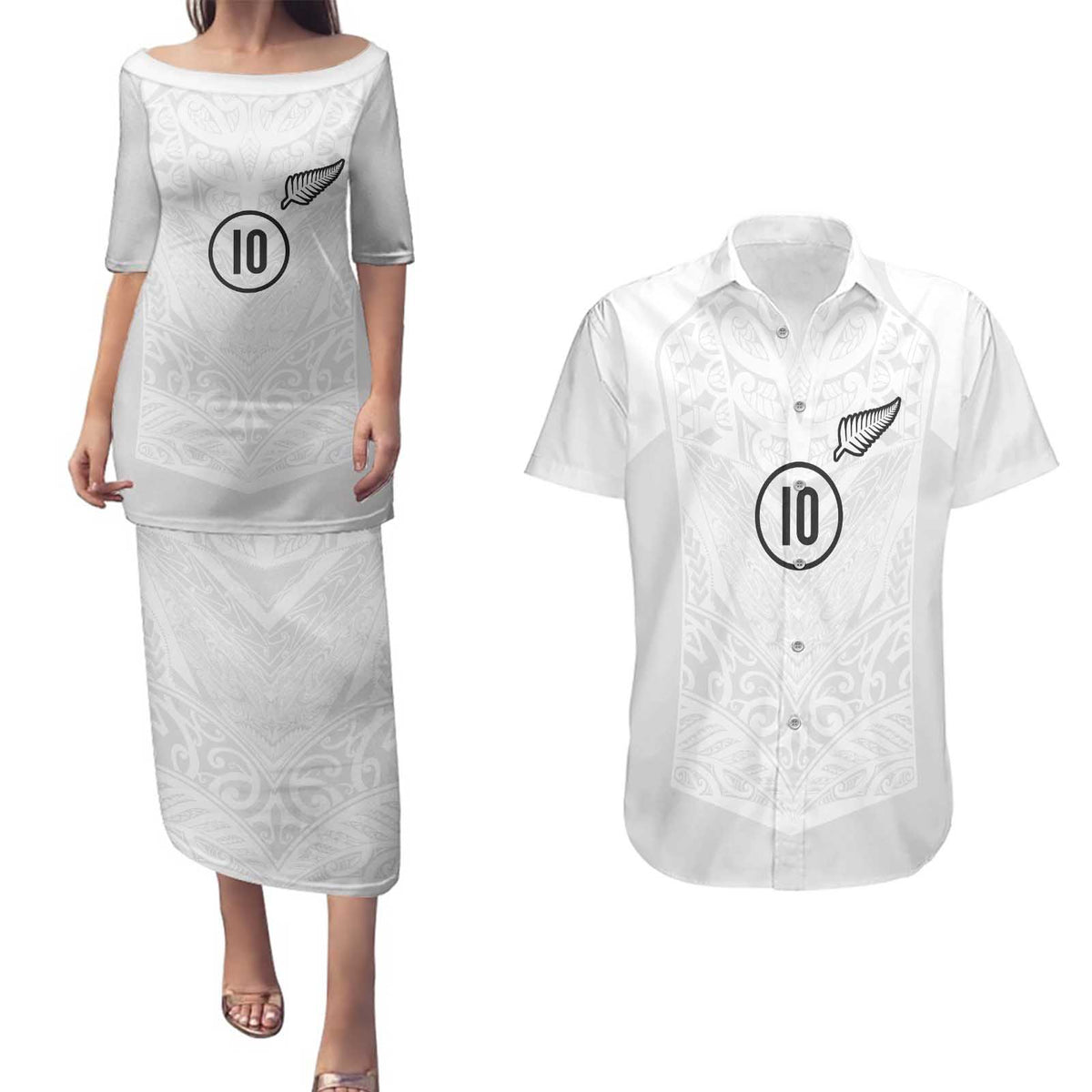 Custom New Zealand Football Couples Matching Puletasi and Hawaiian Shirt The Whites-Sporty T90 Style - Polynesian Pride