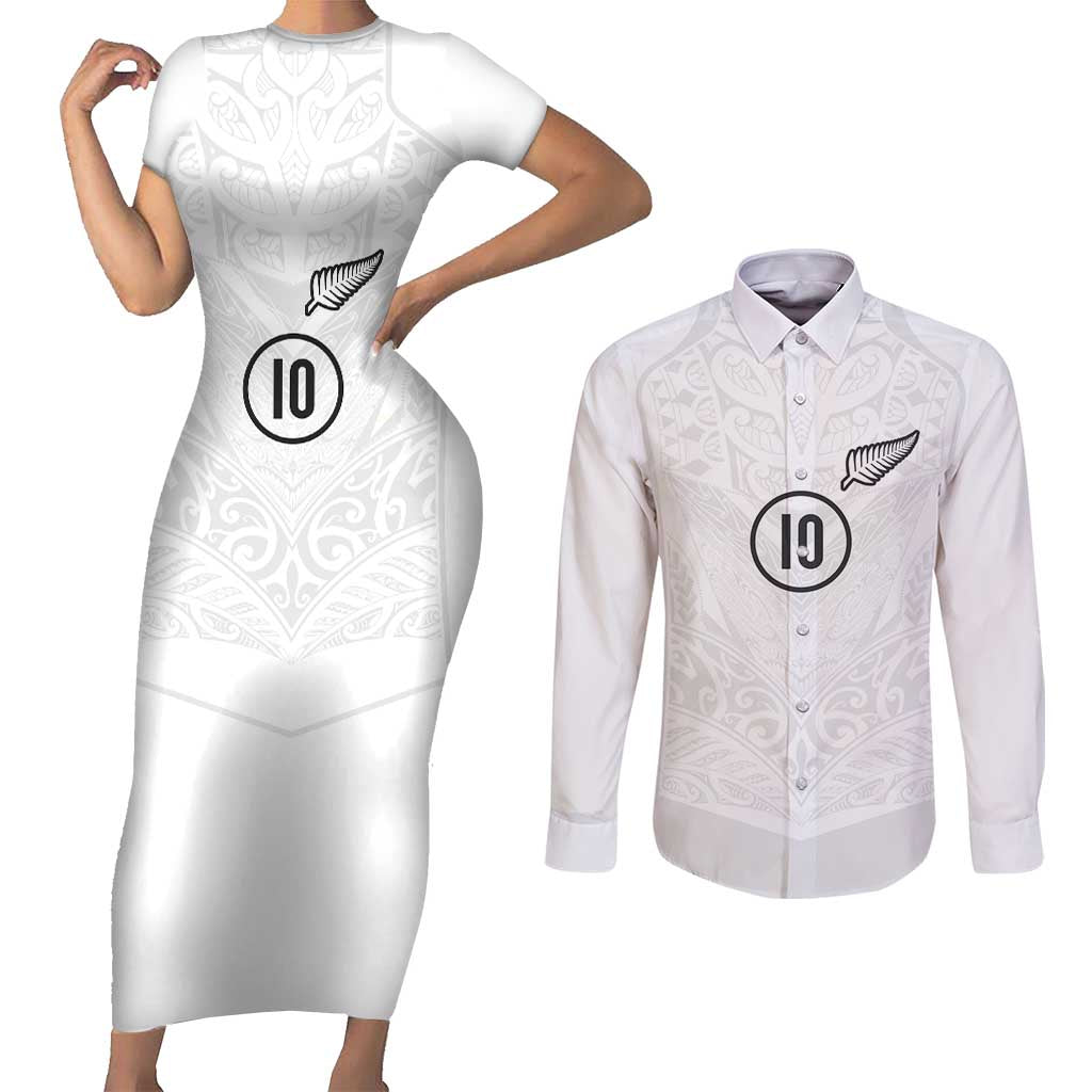 Custom New Zealand Football Couples Matching Short Sleeve Bodycon Dress and Long Sleeve Button Shirt The Whites-Sporty T90 Style - Polynesian Pride
