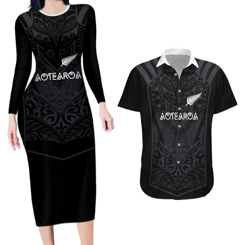 Custom Aotearoa Rugby Couples Matching Long Sleeve Bodycon Dress and Hawaiian Shirt The Blacks-Sporty T90 Style - Polynesian Pride