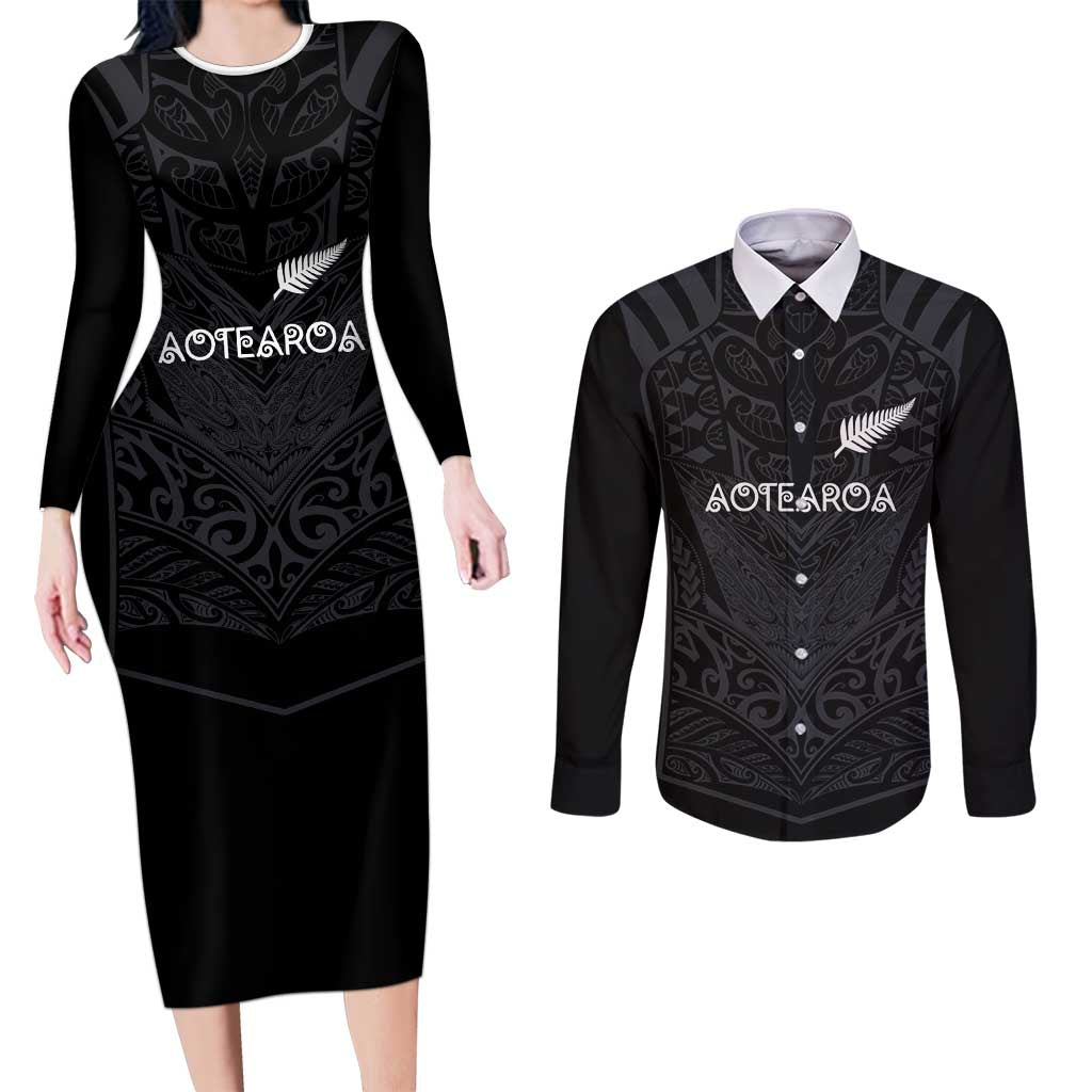Custom Aotearoa Rugby Couples Matching Long Sleeve Bodycon Dress and Long Sleeve Button Shirt The Blacks-Sporty T90 Style - Polynesian Pride