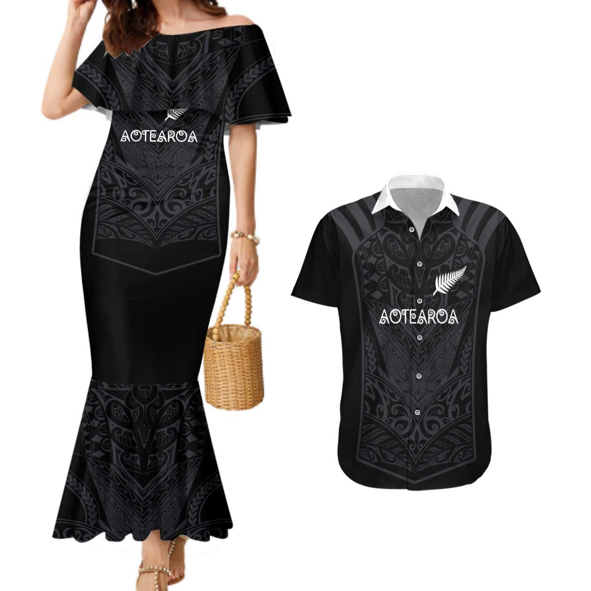 Custom Aotearoa Rugby Couples Matching Mermaid Dress and Hawaiian Shirt The Blacks-Sporty T90 Style - Polynesian Pride