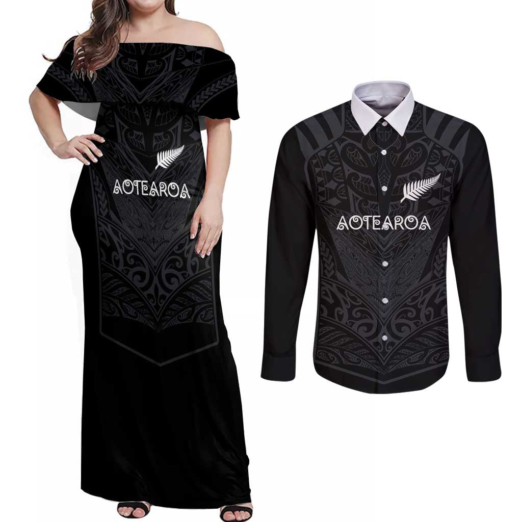 Custom Aotearoa Rugby Couples Matching Off Shoulder Maxi Dress and Long Sleeve Button Shirt The Blacks-Sporty T90 Style - Polynesian Pride