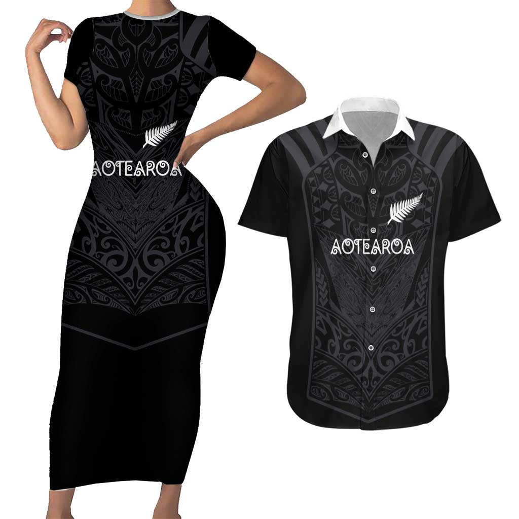 Custom Aotearoa Rugby Couples Matching Short Sleeve Bodycon Dress and Hawaiian Shirt The Blacks-Sporty T90 Style - Polynesian Pride