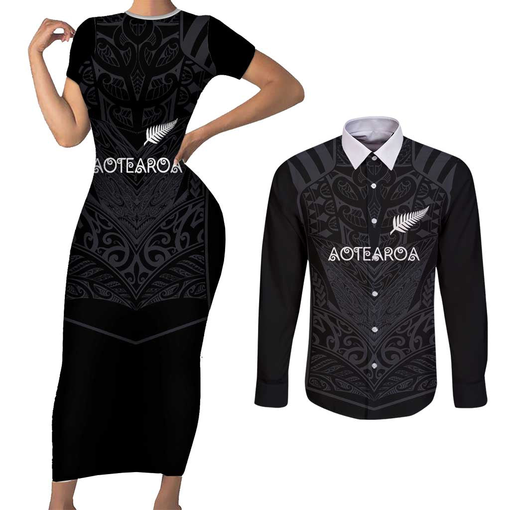Custom Aotearoa Rugby Couples Matching Short Sleeve Bodycon Dress and Long Sleeve Button Shirt The Blacks-Sporty T90 Style - Polynesian Pride