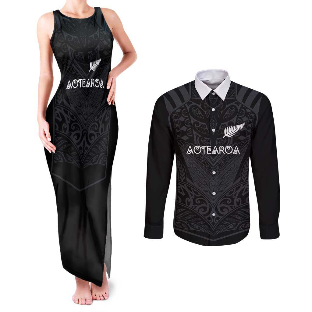 Custom Aotearoa Rugby Couples Matching Tank Maxi Dress and Long Sleeve Button Shirt The Blacks-Sporty T90 Style - Polynesian Pride
