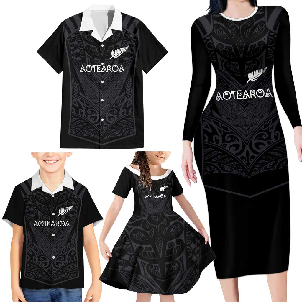 Custom Aotearoa Rugby Family Matching Long Sleeve Bodycon Dress and Hawaiian Shirt The Blacks-Sporty T90 Style - Polynesian Pride