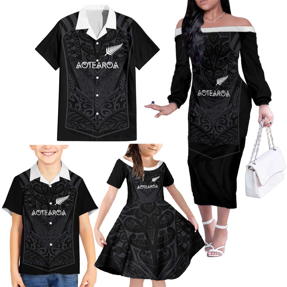 Custom Aotearoa Rugby Family Matching Off The Shoulder Long Sleeve Dress and Hawaiian Shirt The Blacks-Sporty T90 Style - Polynesian Pride