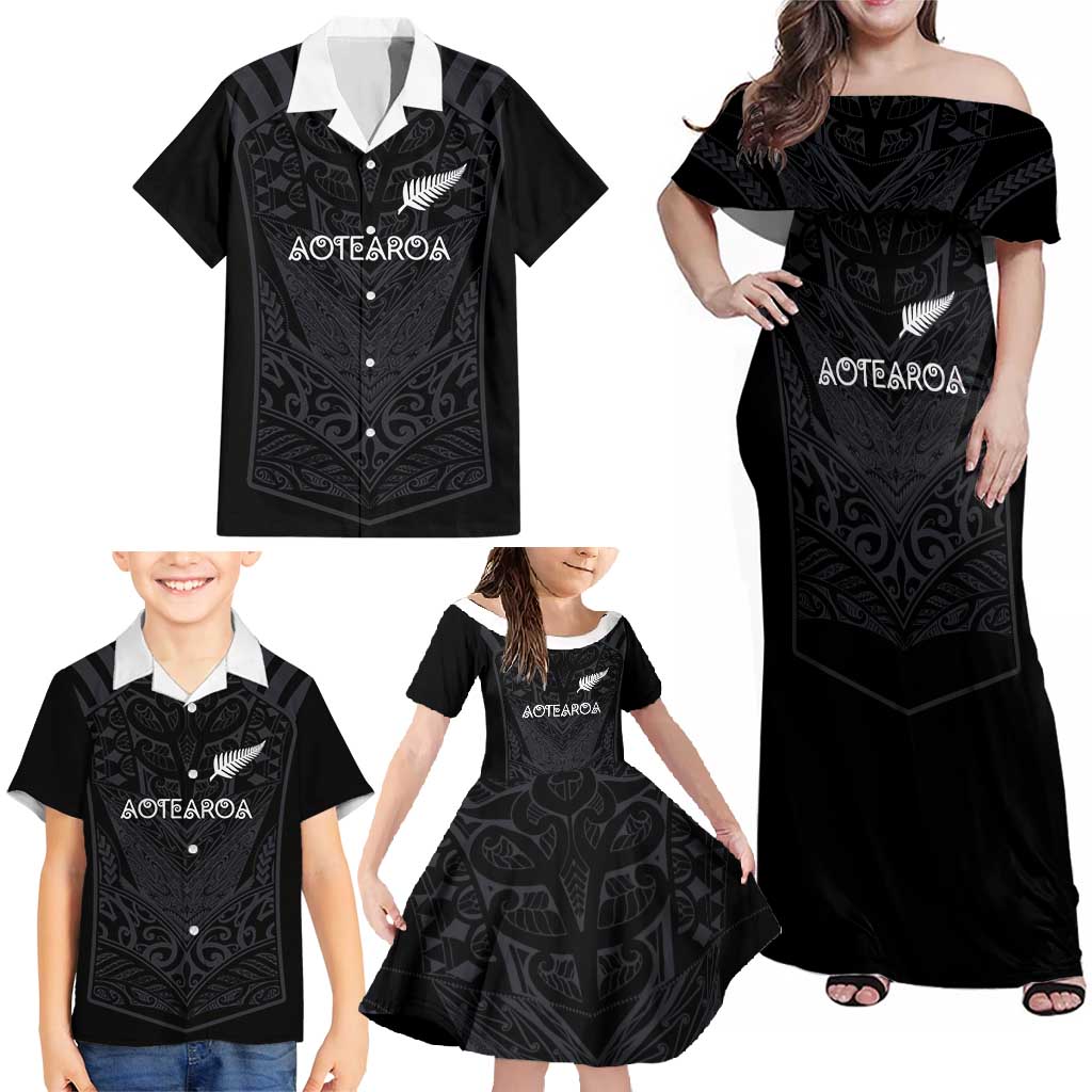 Custom Aotearoa Rugby Family Matching Off Shoulder Maxi Dress and Hawaiian Shirt The Blacks-Sporty T90 Style - Polynesian Pride