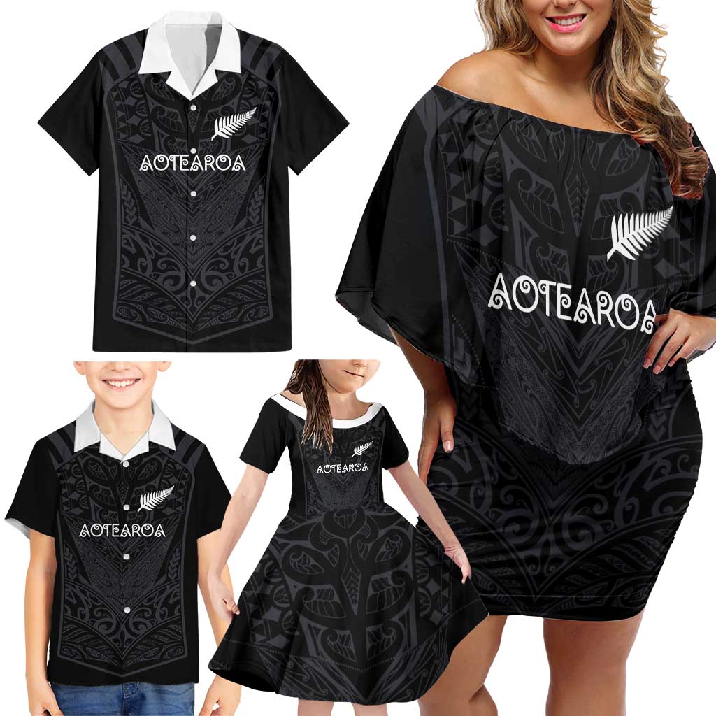 Custom Aotearoa Rugby Family Matching Off Shoulder Short Dress and Hawaiian Shirt The Blacks-Sporty T90 Style - Polynesian Pride