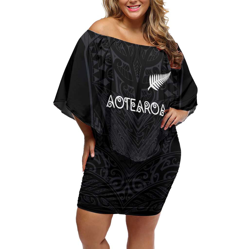 Custom Aotearoa Rugby Family Matching Off Shoulder Short Dress and Hawaiian Shirt The Blacks-Sporty T90 Style - Polynesian Pride