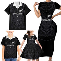 Custom Aotearoa Rugby Family Matching Short Sleeve Bodycon Dress and Hawaiian Shirt The Blacks-Sporty T90 Style - Polynesian Pride