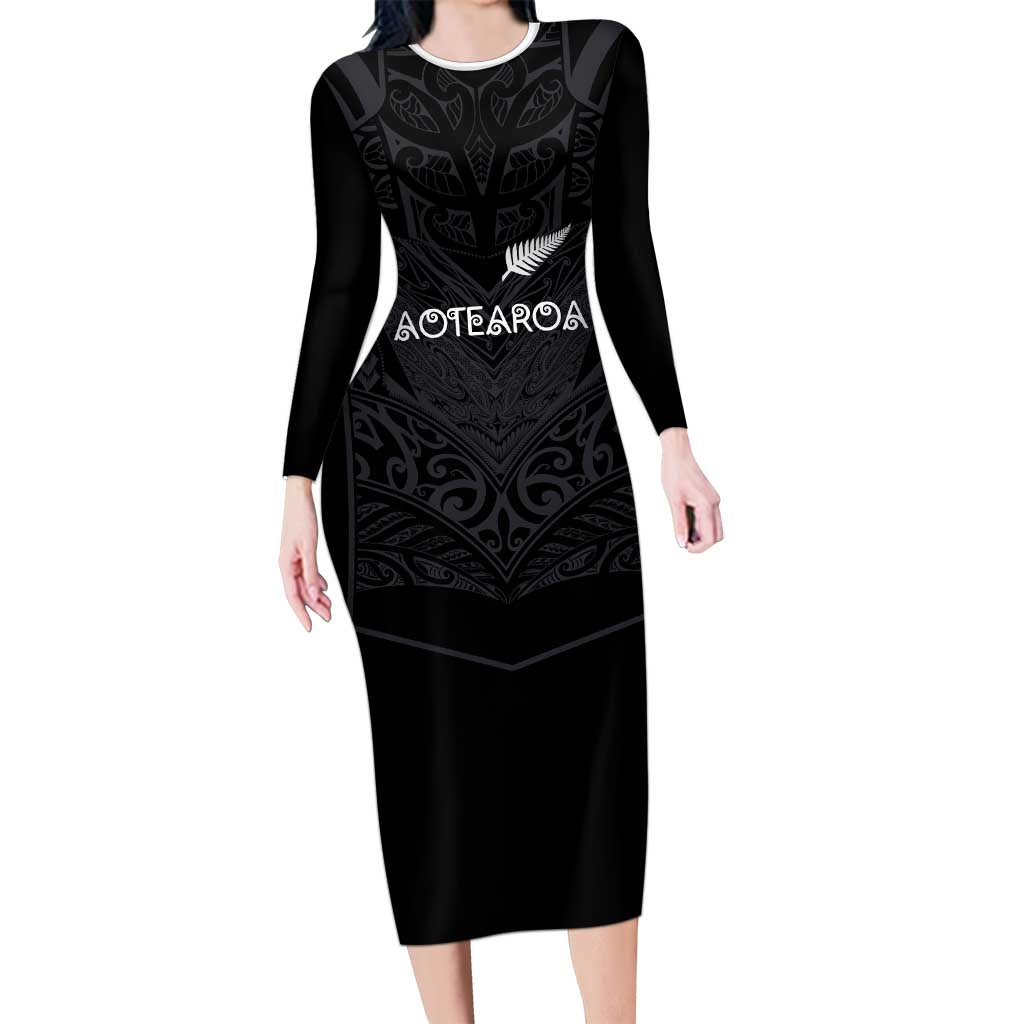 Custom Aotearoa Rugby Long Sleeve Bodycon Dress The Blacks-Sporty T90 Style - Polynesian Pride