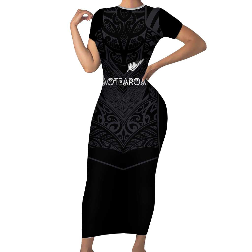 Custom Aotearoa Rugby Short Sleeve Bodycon Dress The Blacks-Sporty T90 Style - Polynesian Pride