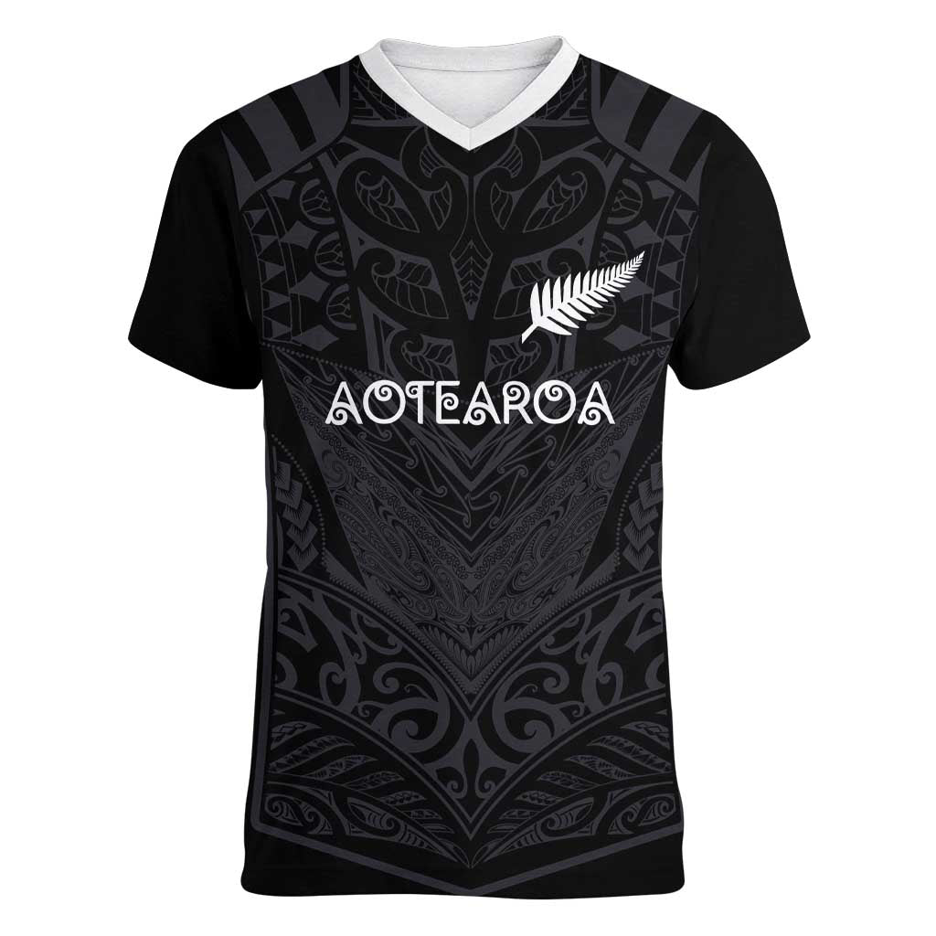 Custom Aotearoa Rugby Women V-Neck T-Shirt The Blacks-Sporty T90 Style - Polynesian Pride
