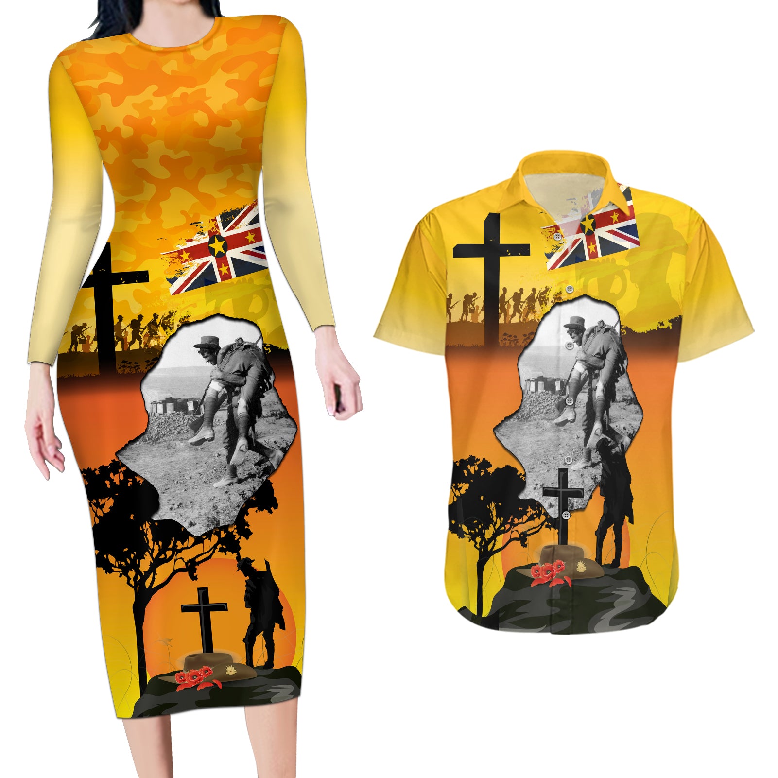 Niue ANZAC Day Couples Matching Long Sleeve Bodycon Dress and Hawaiian Shirt Soldier and Gallipoli Lest We Forget LT03 Yellow - Polynesian Pride