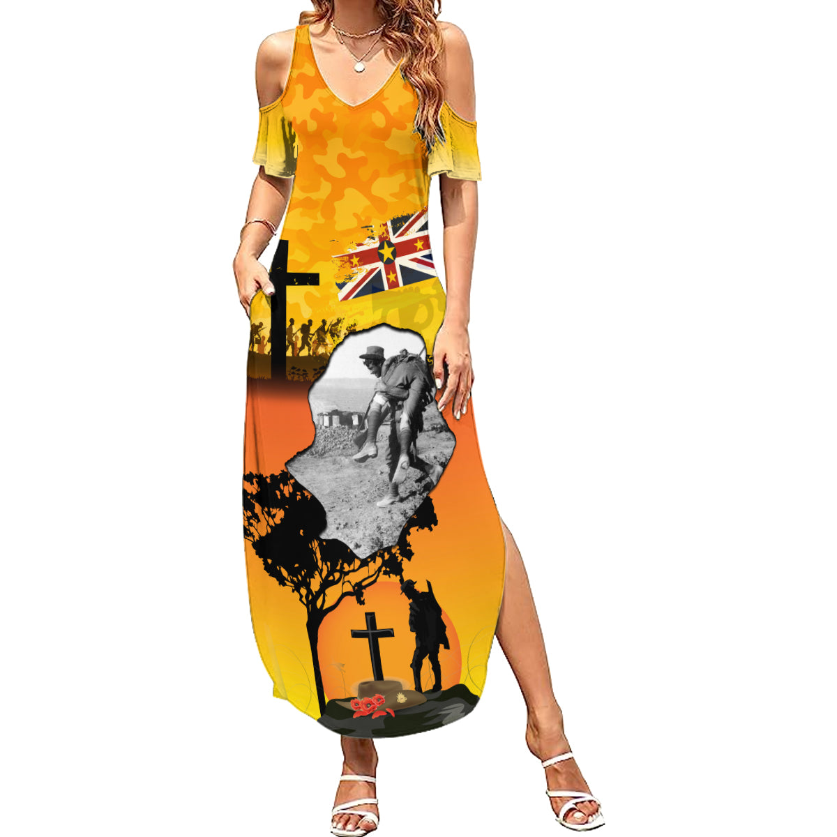 Niue ANZAC Day Summer Maxi Dress Soldier and Gallipoli Lest We Forget LT03 Women Yellow - Polynesian Pride