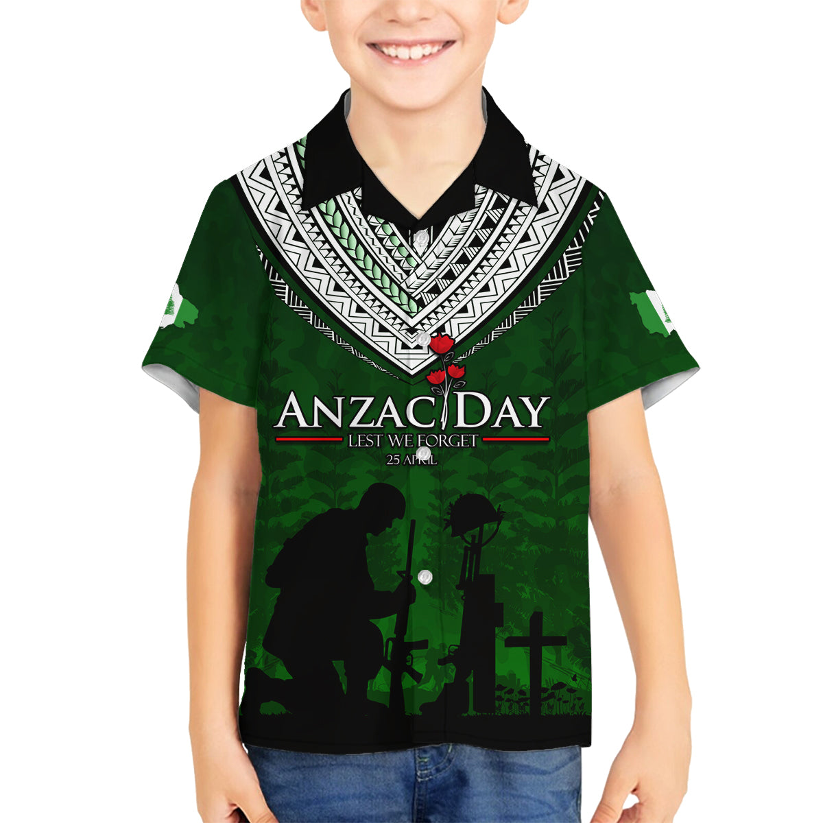 Norfolk Island ANZAC Day Family Matching Off Shoulder Long Sleeve Dress and Hawaiian Shirt Soldier Lest We Forget Camouflage LT03 Son's Shirt Green - Polynesian Pride