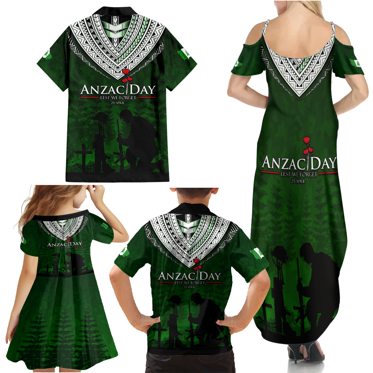 Norfolk Island ANZAC Day Family Matching Summer Maxi Dress and Hawaiian Shirt Soldier Lest We Forget Camouflage LT03 - Polynesian Pride
