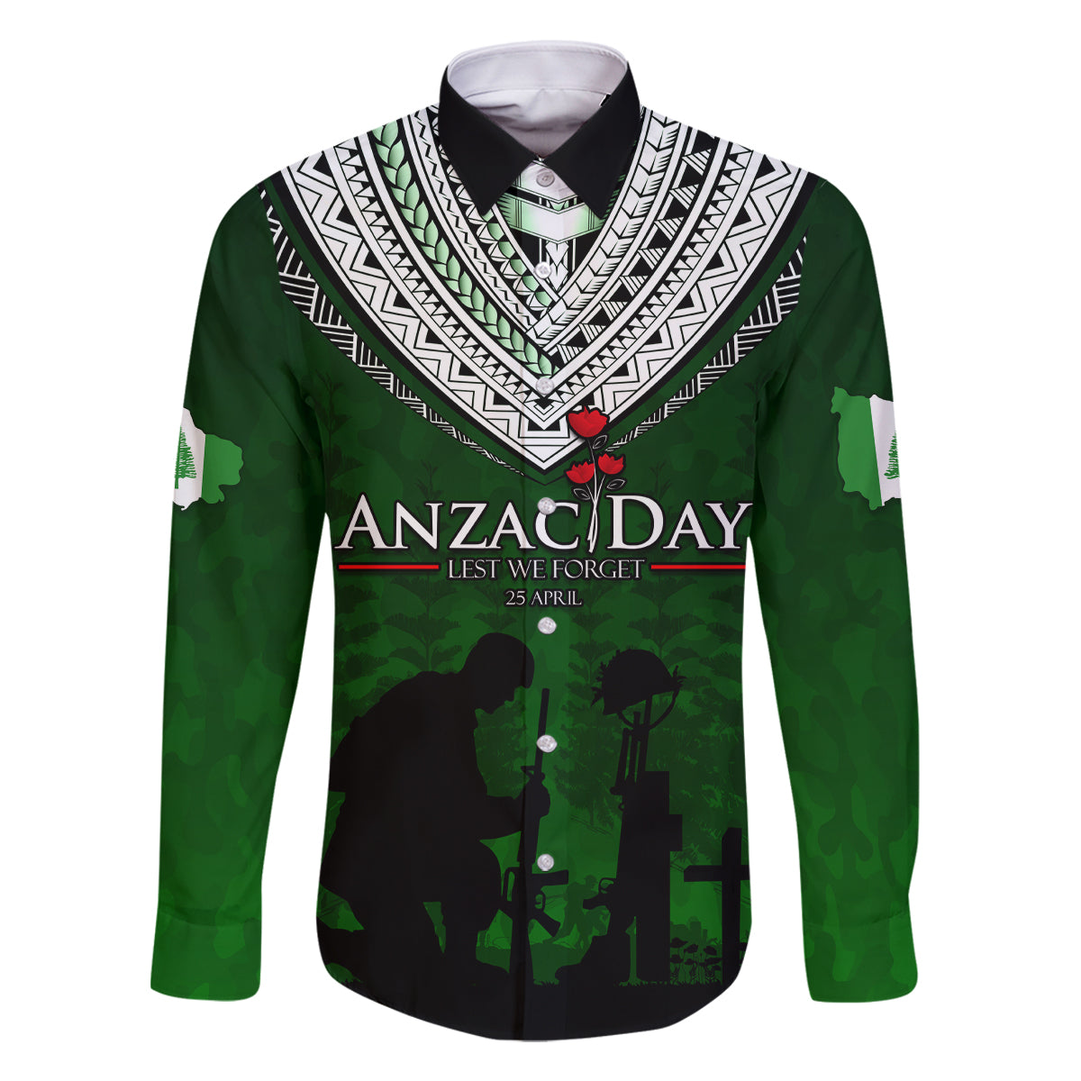 Norfolk Island ANZAC Day Family Matching Summer Maxi Dress and Hawaiian Shirt Soldier Lest We Forget Camouflage LT03 Dad's Shirt - Long Sleeve Green - Polynesian Pride