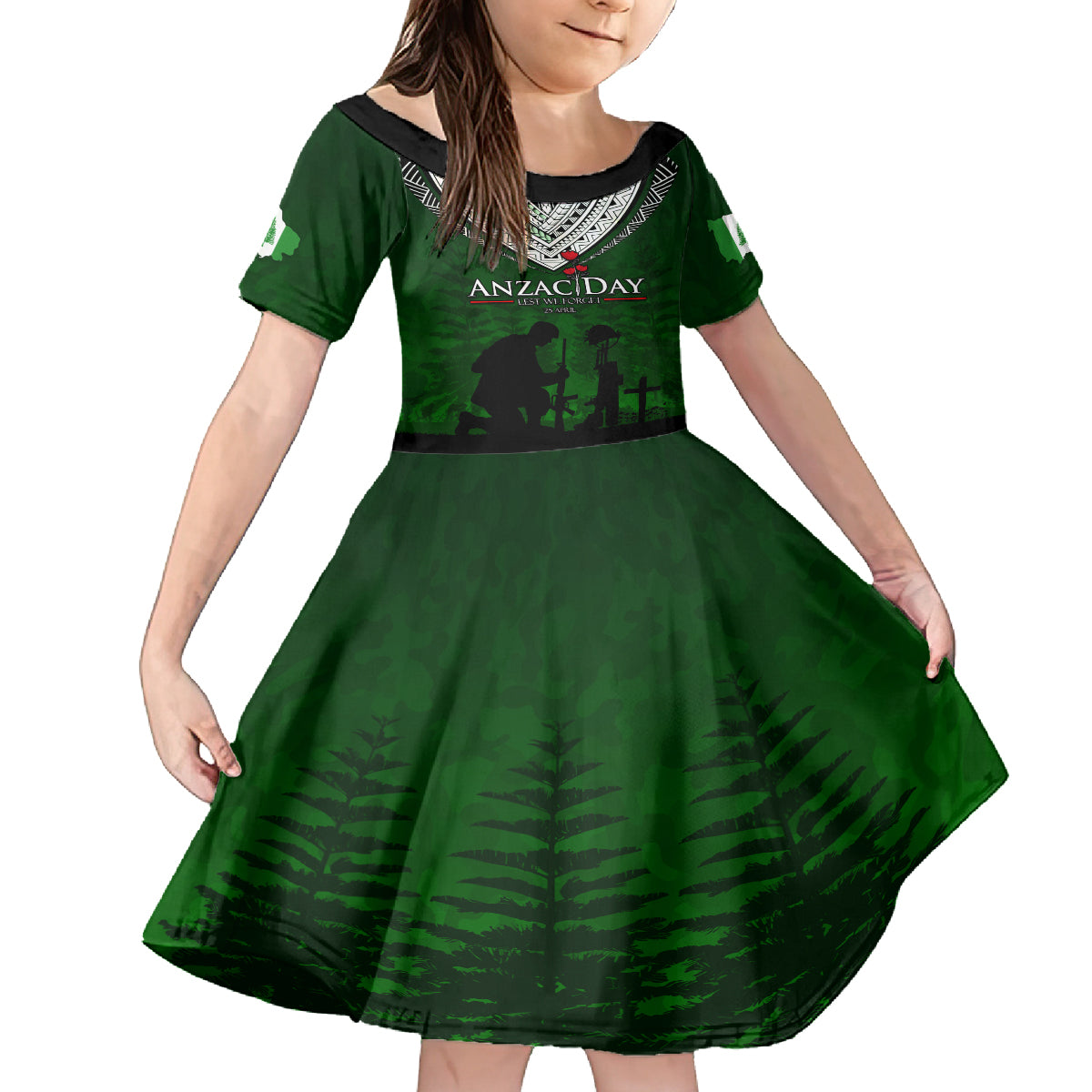 Norfolk Island ANZAC Day Kid Short Sleeve Dress Soldier Lest We Forget Camouflage LT03 KID Green - Polynesian Pride