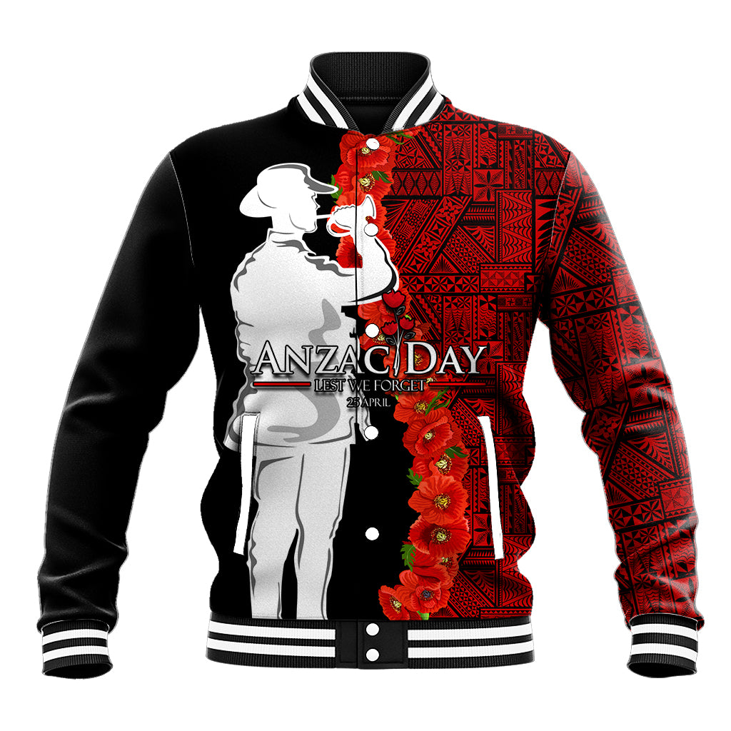 Tonga ANZAC Day Baseball Jacket Red Poppies Flower Soldier Lest We Forget LT03 Unisex Red - Polynesian Pride