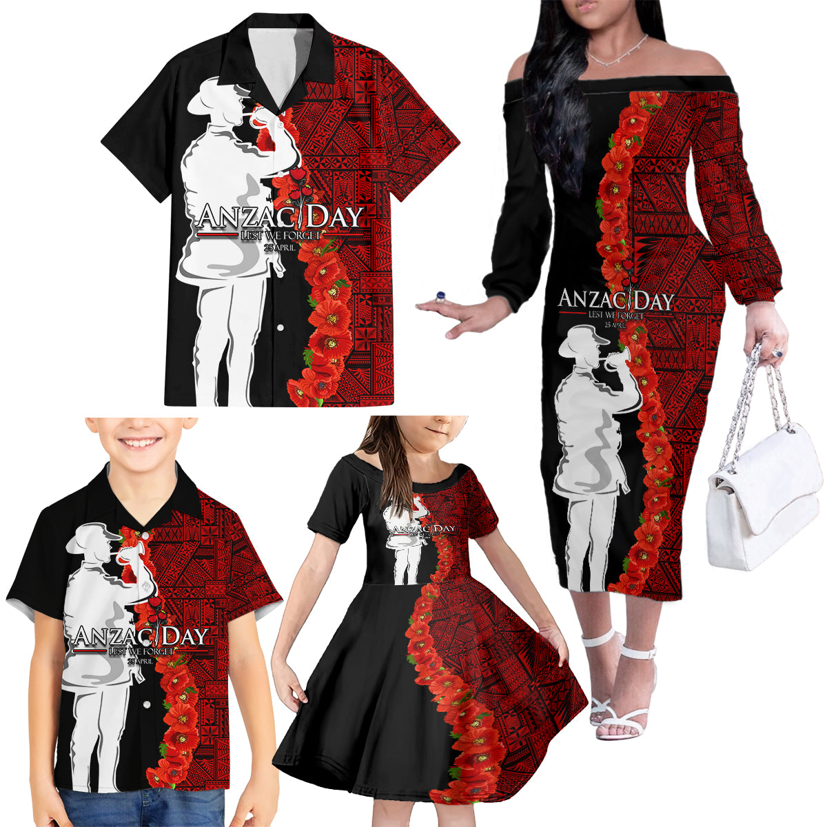 Tonga ANZAC Day Family Matching Off Shoulder Long Sleeve Dress and Hawaiian Shirt Red Poppies Flower Soldier Lest We Forget LT03 - Polynesian Pride