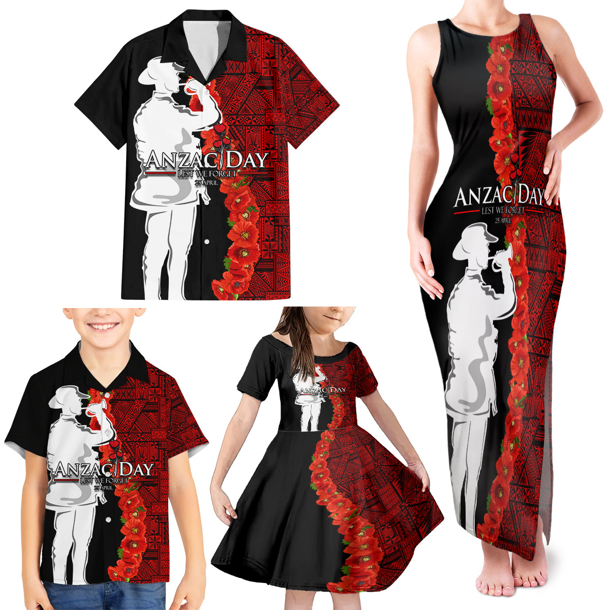 Tonga ANZAC Day Family Matching Tank Maxi Dress and Hawaiian Shirt Red Poppies Flower Soldier Lest We Forget LT03 - Polynesian Pride