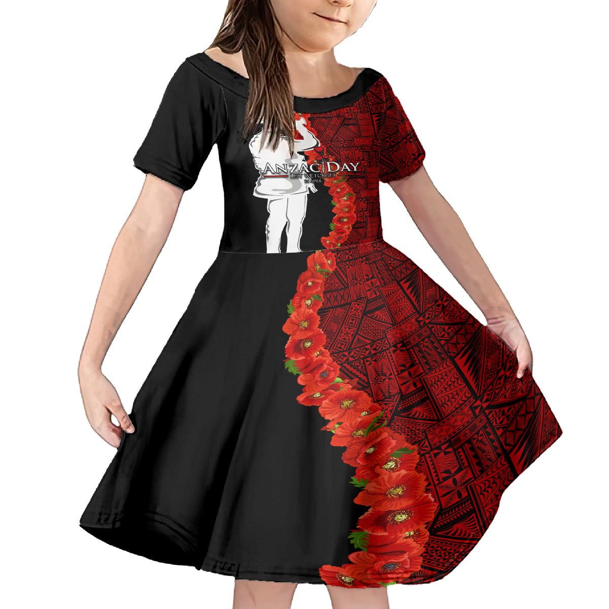 Tonga ANZAC Day Kid Short Sleeve Dress Red Poppies Flower Soldier Lest We Forget LT03 KID Red - Polynesian Pride