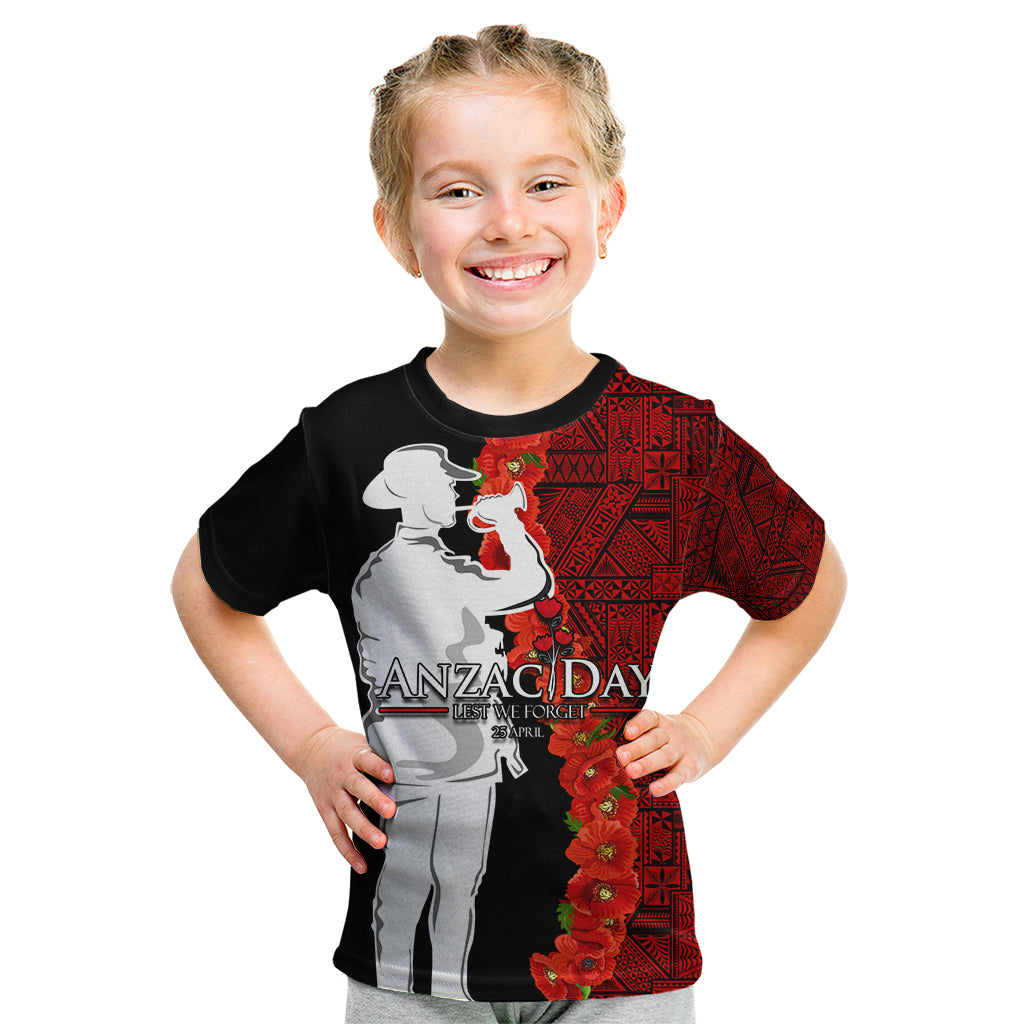 Tonga ANZAC Day Kid T Shirt Red Poppies Flower Soldier Lest We Forget LT03 Red - Polynesian Pride