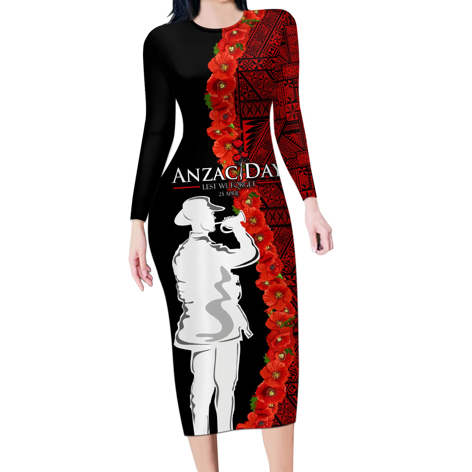 Tonga ANZAC Day Long Sleeve Bodycon Dress Red Poppies Flower Soldier Lest We Forget LT03 Long Dress Red - Polynesian Pride