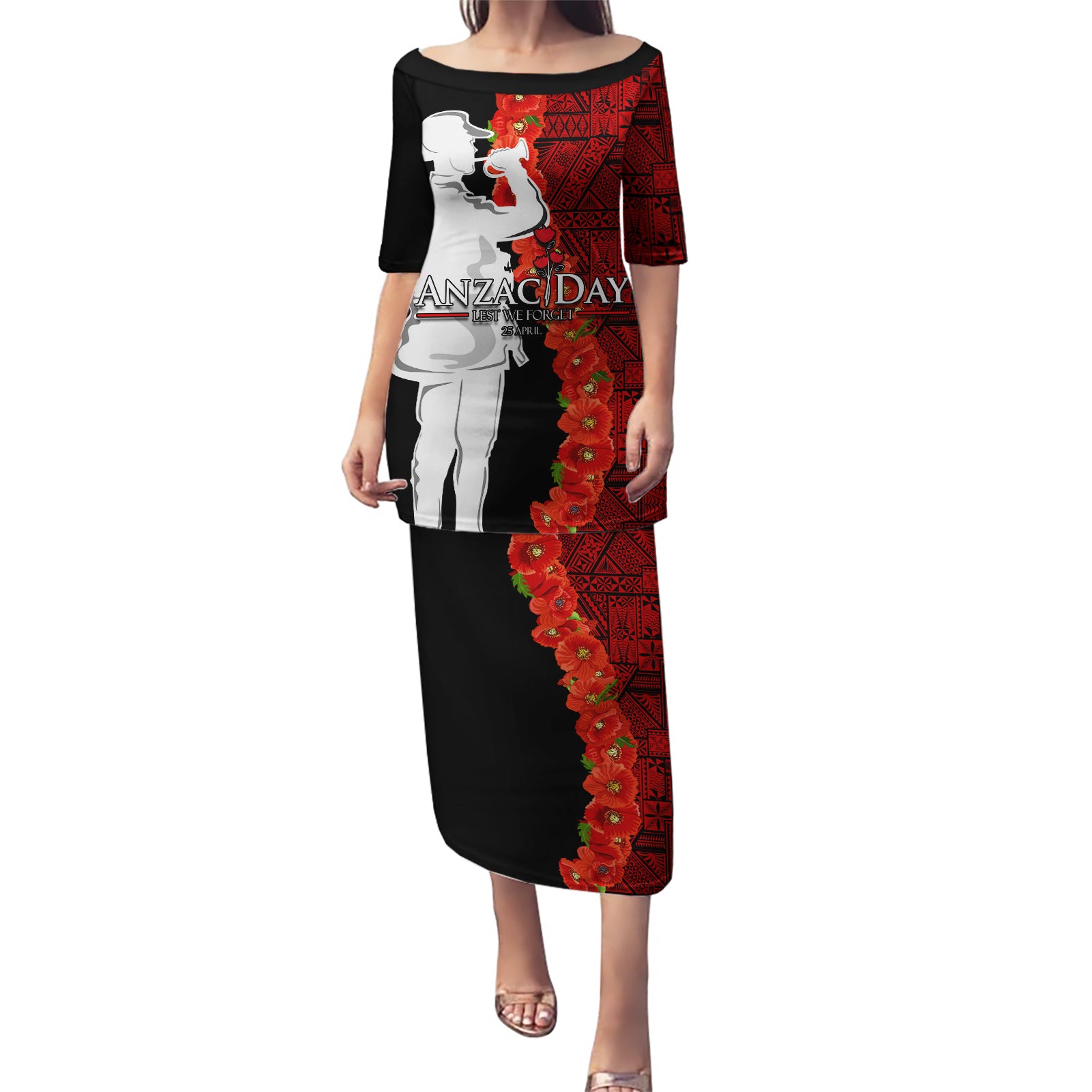 Tonga ANZAC Day Puletasi Red Poppies Flower Soldier Lest We Forget LT03 Long Dress Red - Polynesian Pride