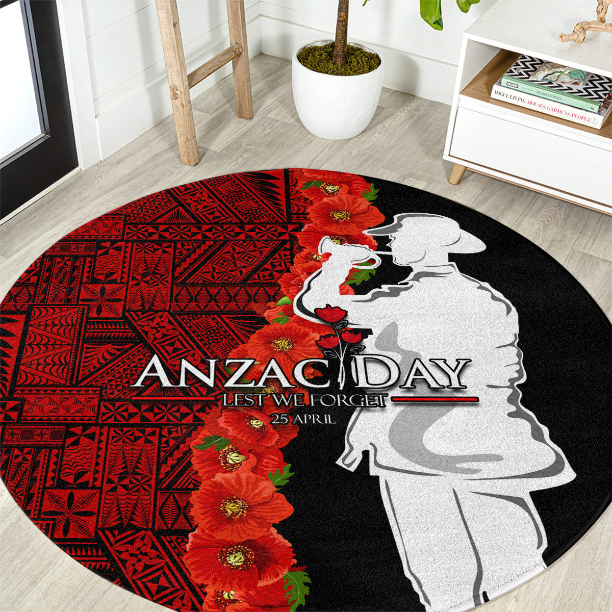 Tonga ANZAC Day Round Carpet Red Poppies Flower Soldier Lest We Forget LT03 Red - Polynesian Pride