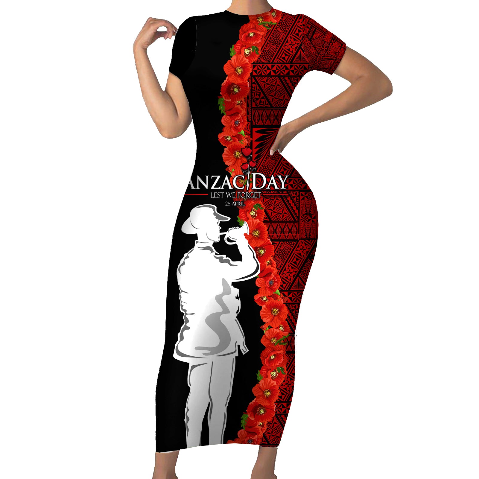 Tonga ANZAC Day Short Sleeve Bodycon Dress Red Poppies Flower Soldier Lest We Forget LT03 Long Dress Red - Polynesian Pride