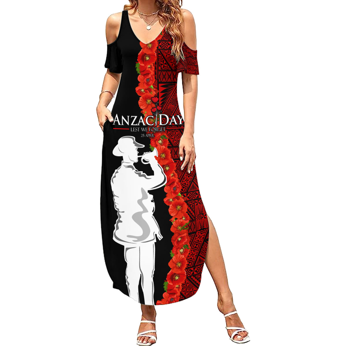 Tonga ANZAC Day Summer Maxi Dress Red Poppies Flower Soldier Lest We Forget LT03 Women Red - Polynesian Pride