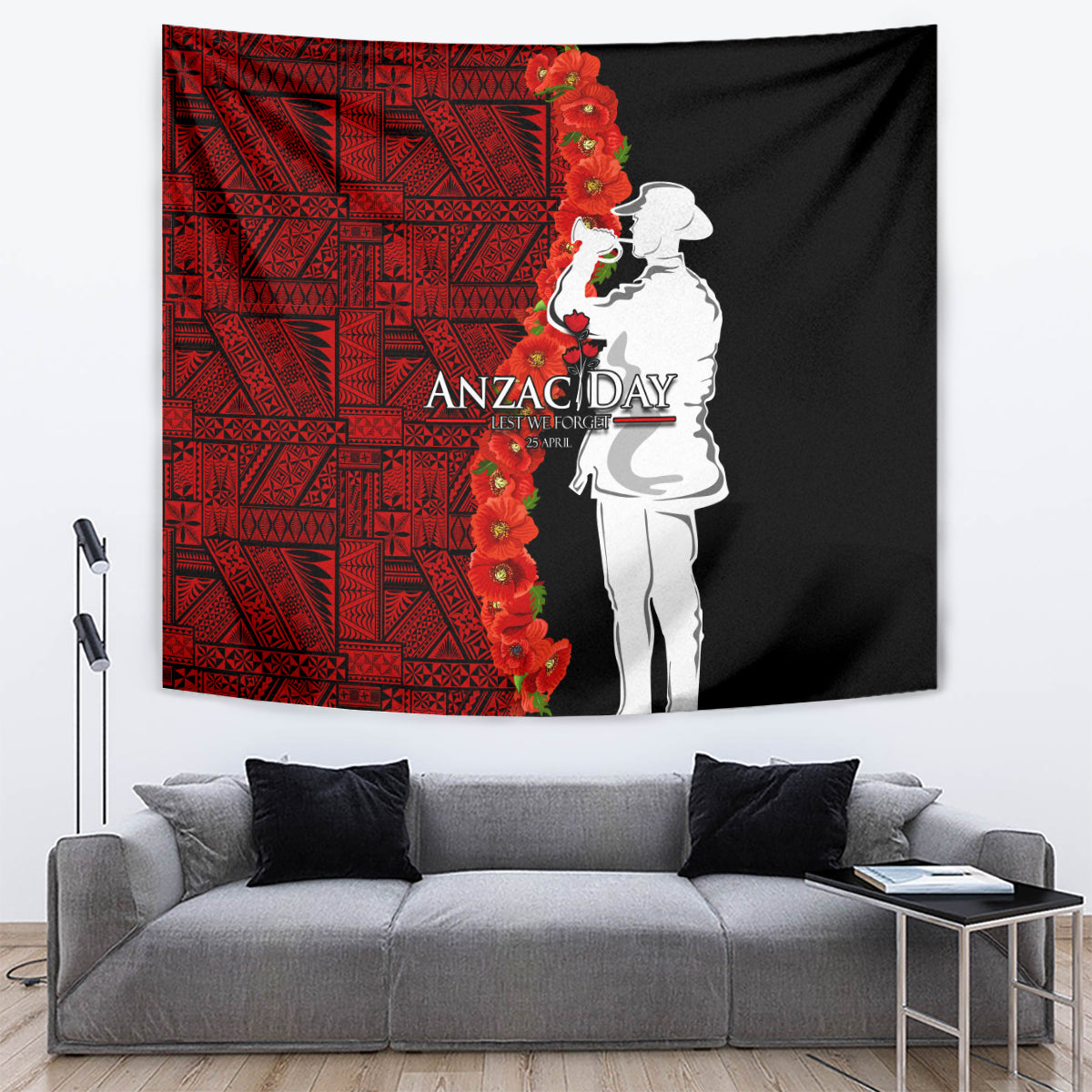 Tonga ANZAC Day Tapestry Red Poppies Flower Soldier Lest We Forget LT03 Red - Polynesian Pride