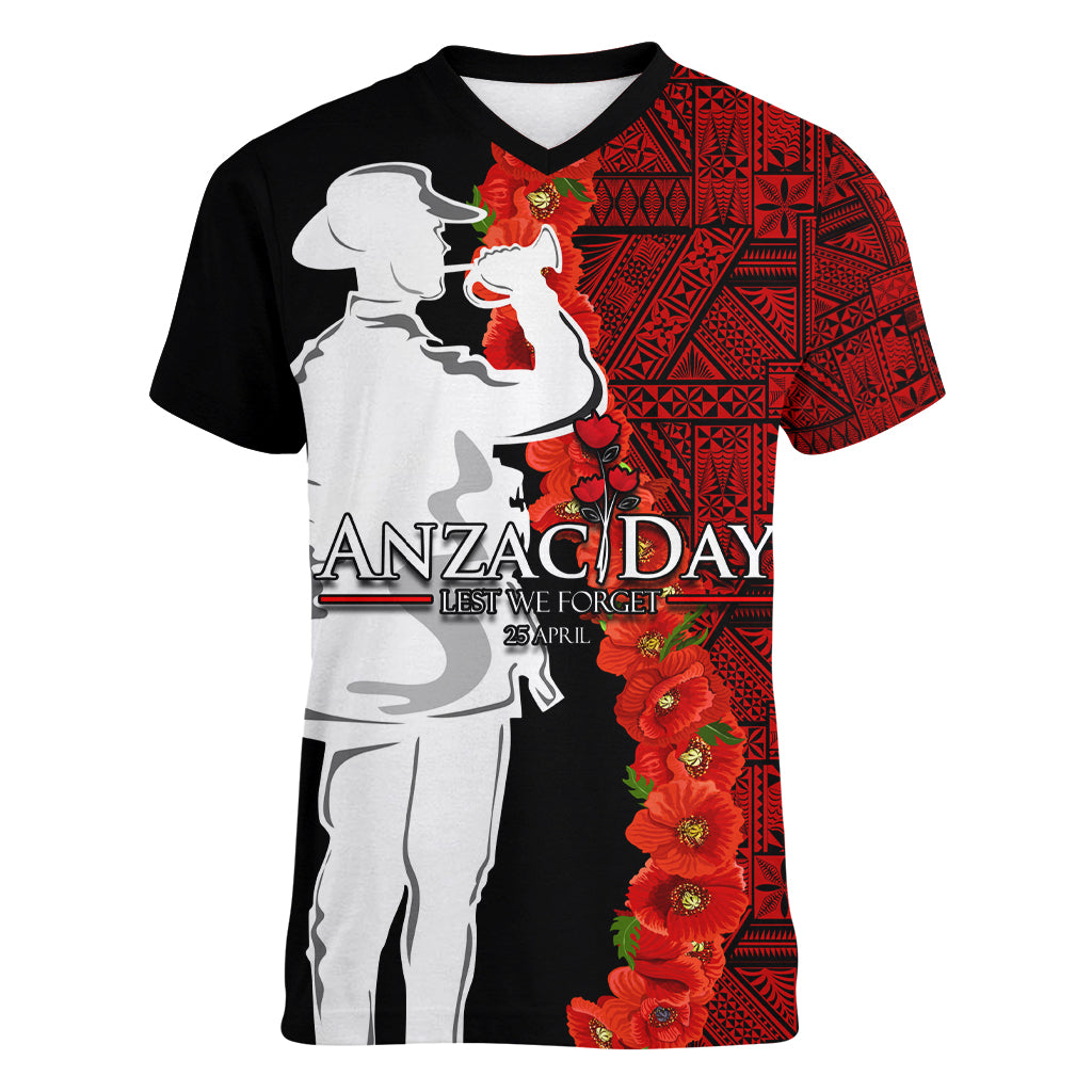 Tonga ANZAC Day Women V Neck T Shirt Red Poppies Flower Soldier Lest We Forget LT03 Female Red - Polynesian Pride