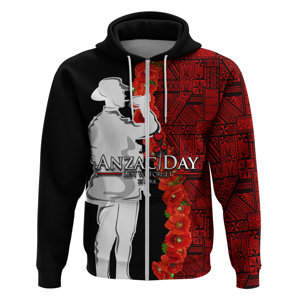 Tonga ANZAC Day Zip Hoodie Red Poppies Flower Soldier Lest We Forget LT03 Zip Hoodie Red - Polynesian Pride