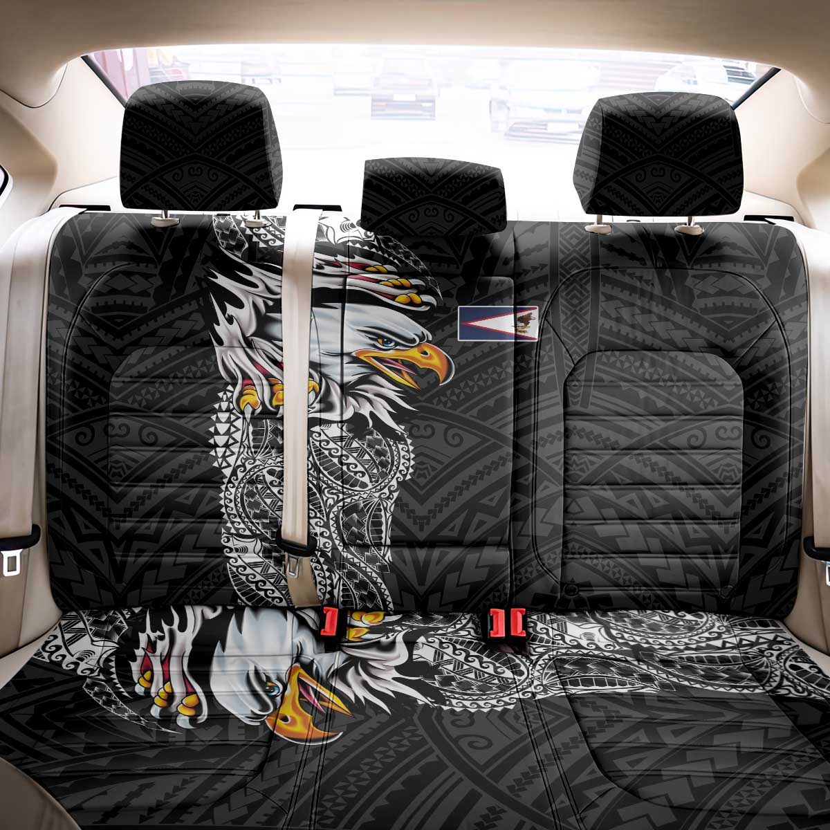 American Samoa Flag Day Back Car Seat Cover Tribal Tattoo with Eagle Black LT03 - Polynesian Pride
