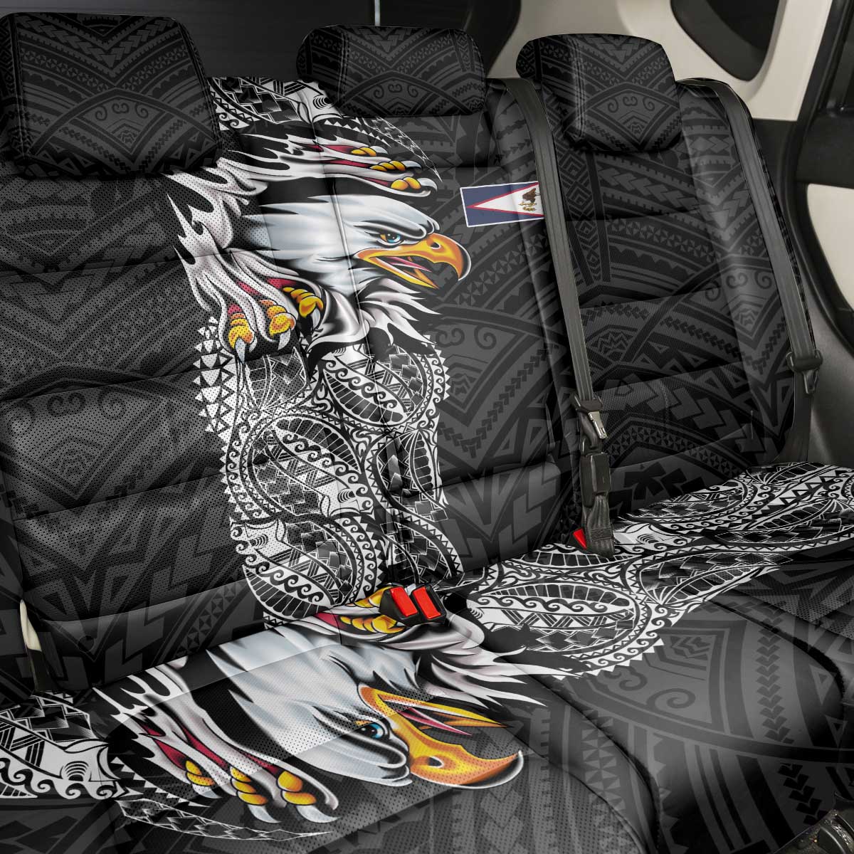 American Samoa Flag Day Back Car Seat Cover Tribal Tattoo with Eagle Black LT03 - Polynesian Pride