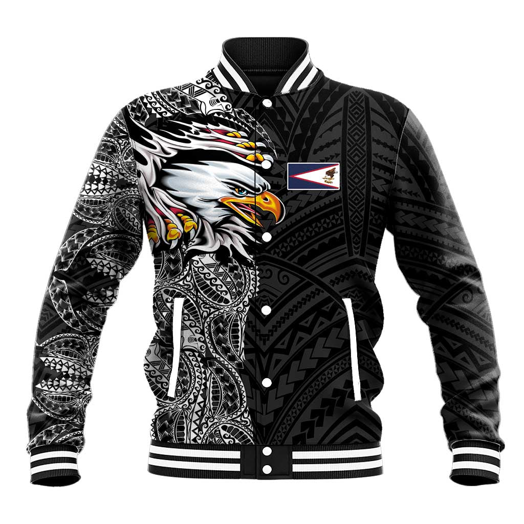 American Samoa Flag Day Baseball Jacket Tribal Tattoo with Eagle Black LT03 Unisex Black - Polynesian Pride