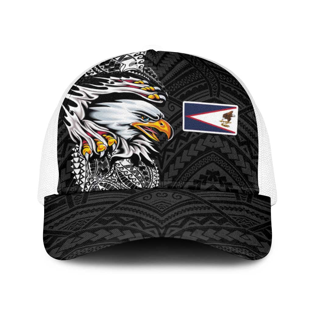 American Samoa Flag Day Baseball Net Cap Tribal Tattoo with Eagle Black LT03 One Size White Black - Polynesian Pride