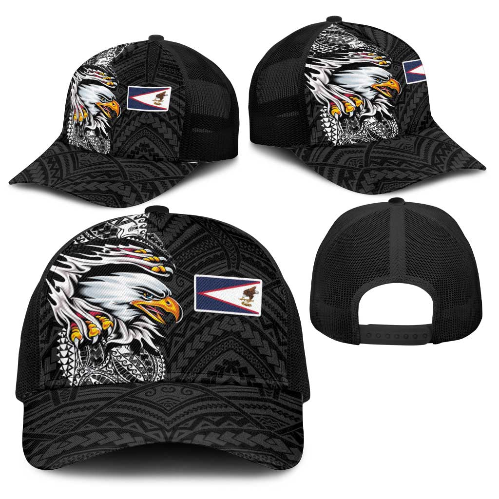 American Samoa Flag Day Baseball Net Cap Tribal Tattoo with Eagle Black LT03 - Polynesian Pride